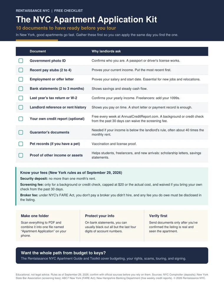 Page 1 of the free NYC Apartment Application Kit checklist: a table of 10 documents with why landlords ask for each, a Know your fees box, and three tips.